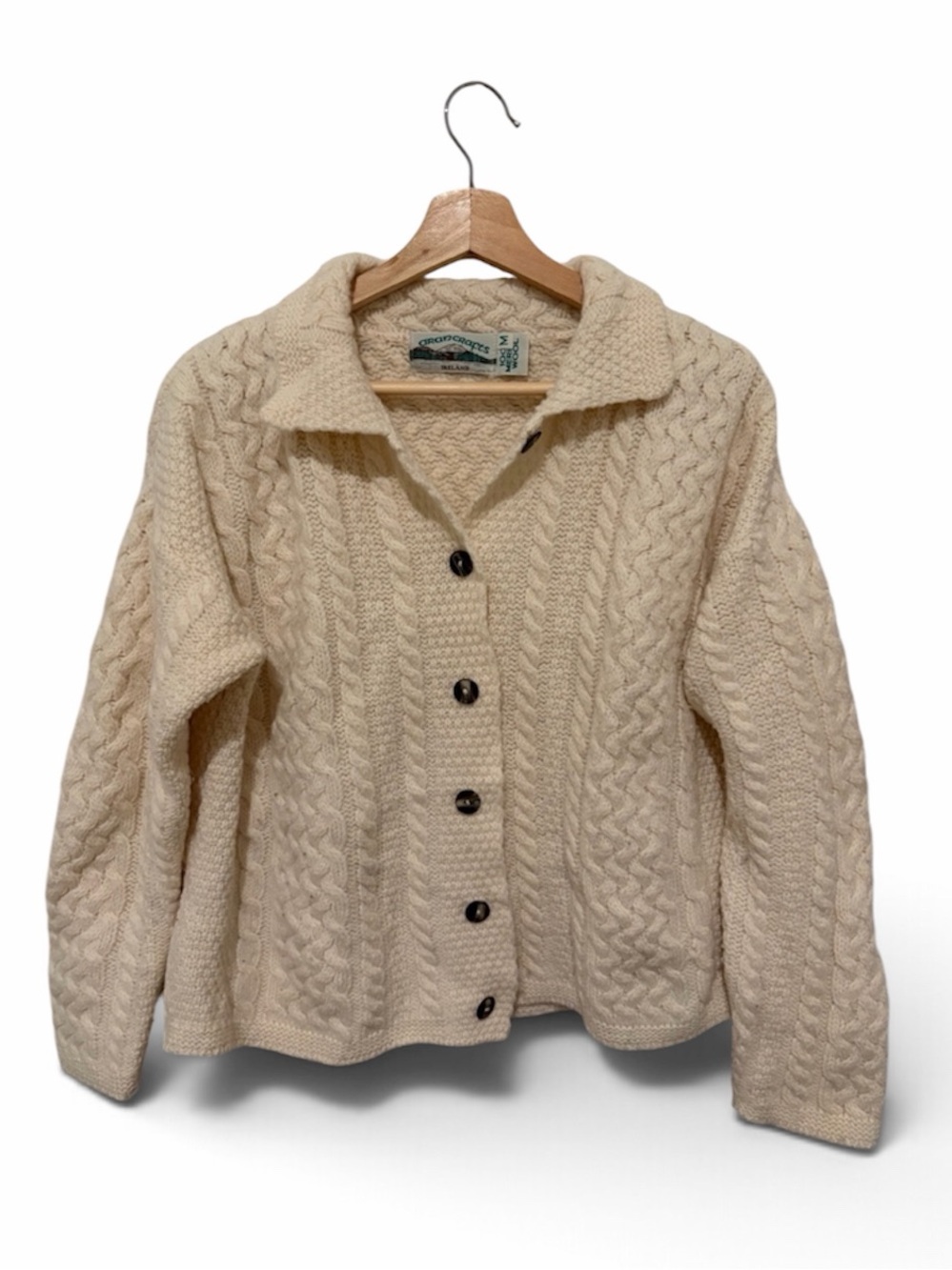 Aran Crafts Cream Cable Knit Cardigan Sweater 100% Merino Wool Size Medium